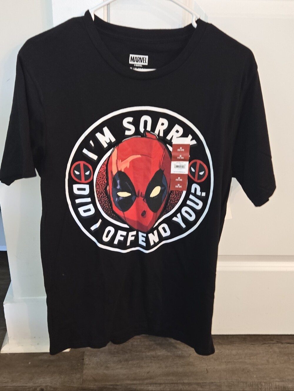 Marvel Black Tee with Red Deadpool Graphic and White Lettering